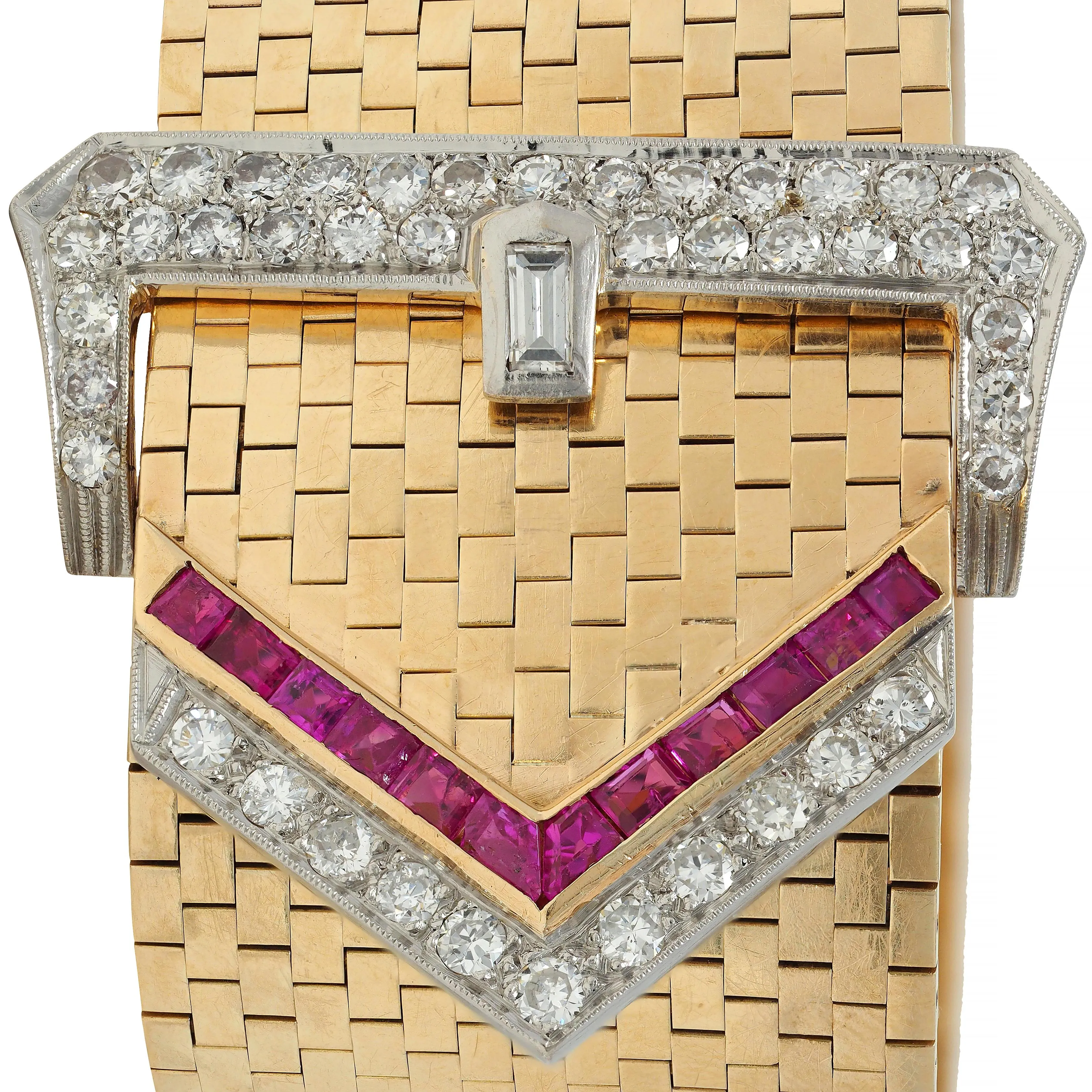 1940's Retro Wide Ruby Diamond 14 Karat Yellow Gold Platinum Jarretière Vintage Buckle Link Bracelet