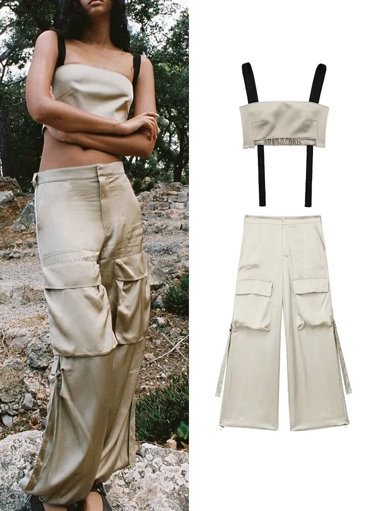 2023 New Women 2 Pieces Cargo Pants Sets Spring Summer Female Fashion Loose Trousers And Short Tops Casual Haren Pants