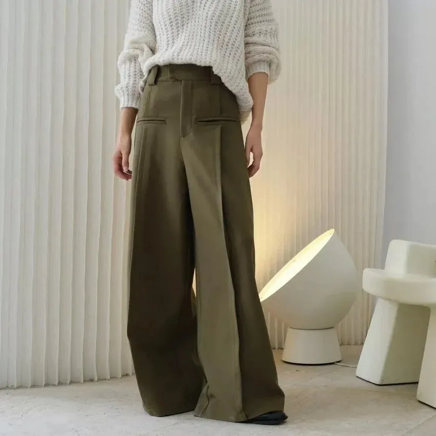 2023 Spring New Women Solid Color Button High Waist Long Trousers Ladies Casual Fashion Wide Leg Pants 2J378