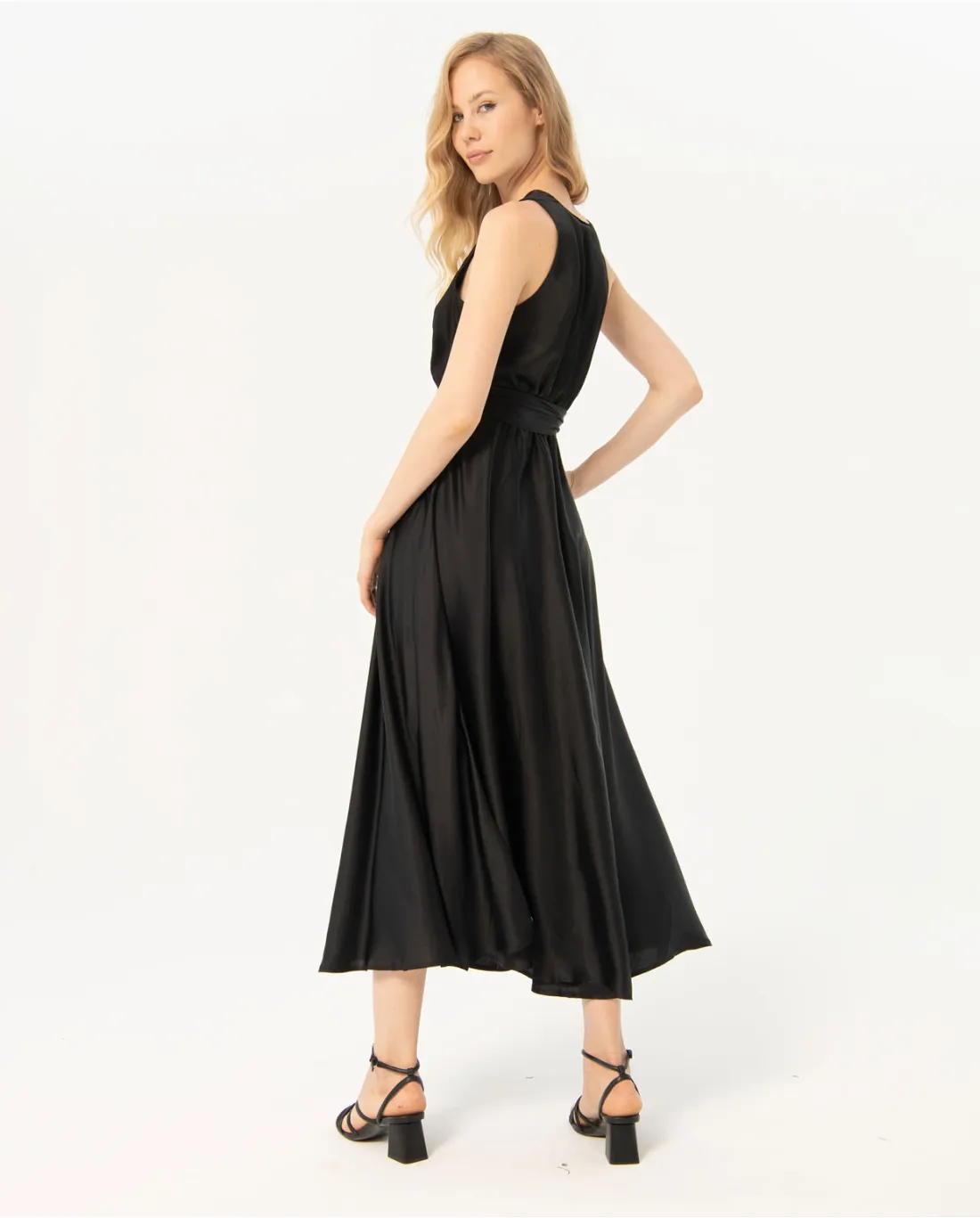 724- V Neck Satin Sleeveless Midi Dress- Black- Surkana