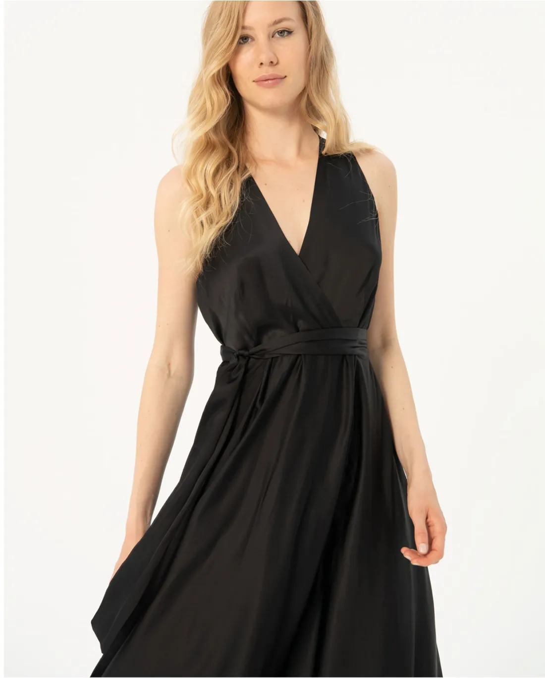 724- V Neck Satin Sleeveless Midi Dress- Black- Surkana