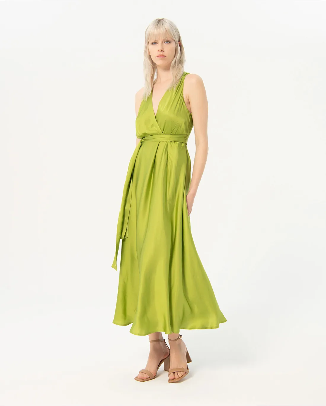 724- V Neck Satin Sleeveless Midi Dress- Lime Green- Surkana