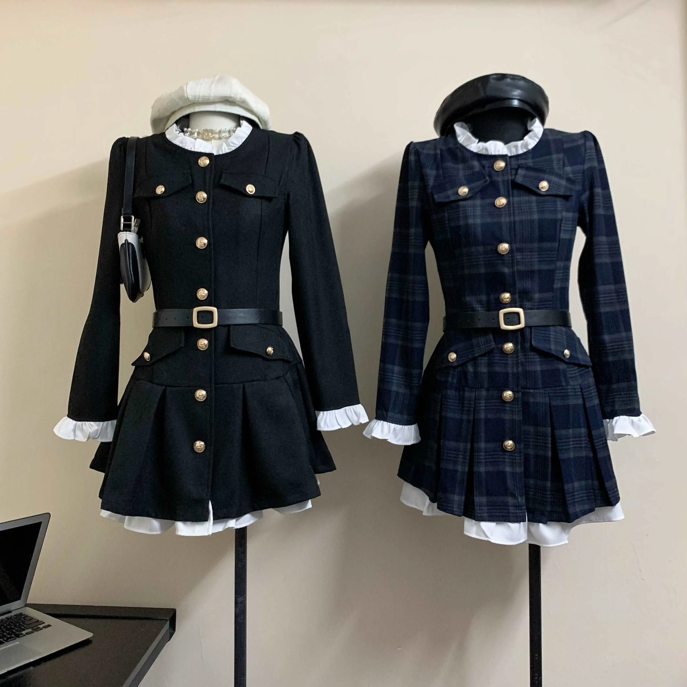 Acacia Milan Girl Chic Black Navy Blue Plaid Sweet Dress Coat