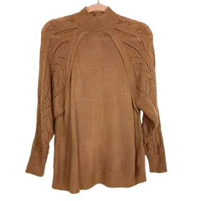 AQE Fashion Brown Mock Neck with Open Cable Knit Sleeves Sweater- Size L (EU)