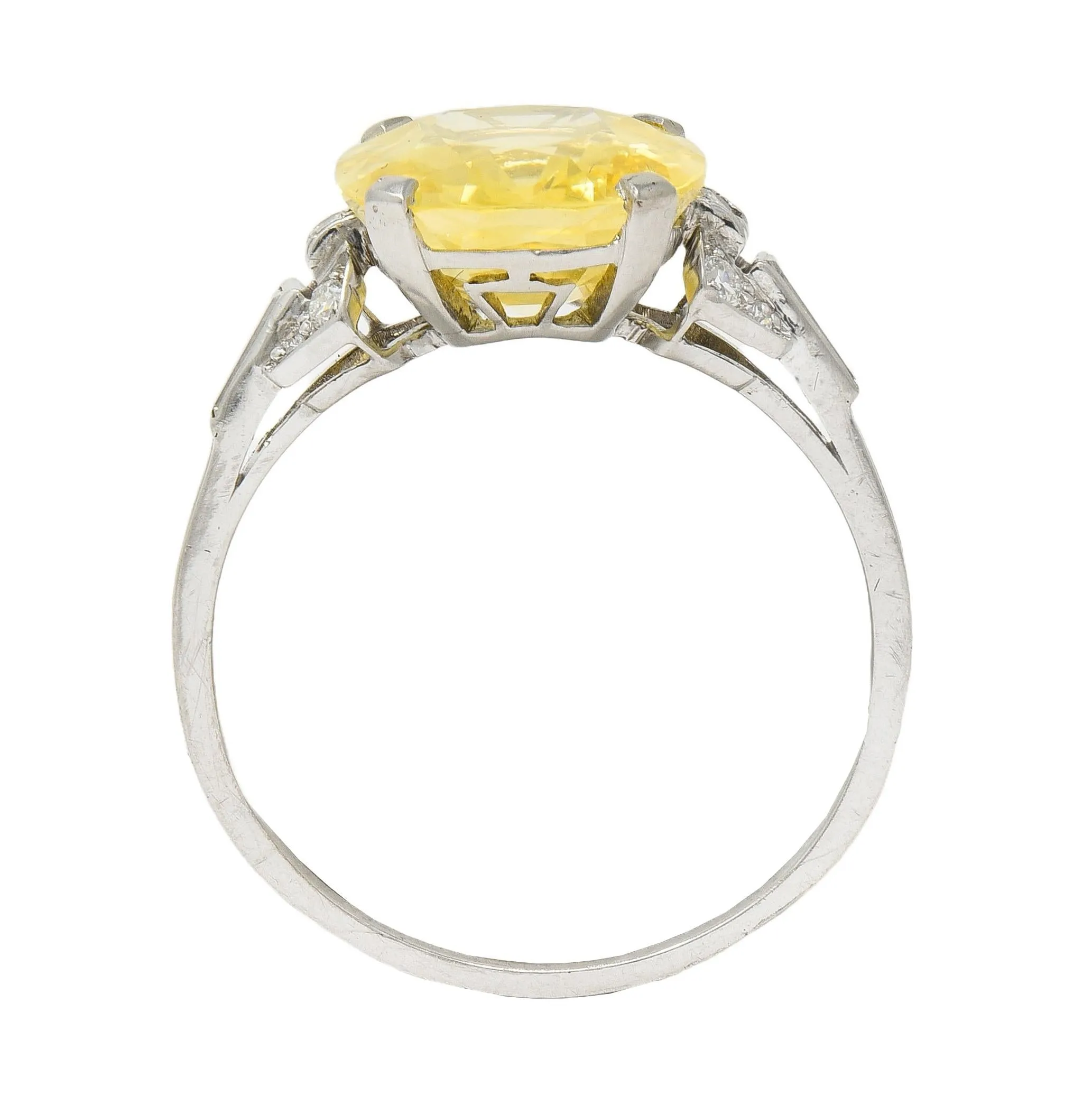 Art Deco 6.75 CTW No Heat Yellow Ceylon Sapphire Diamond Platinum Vintage Buckle Ring GIA