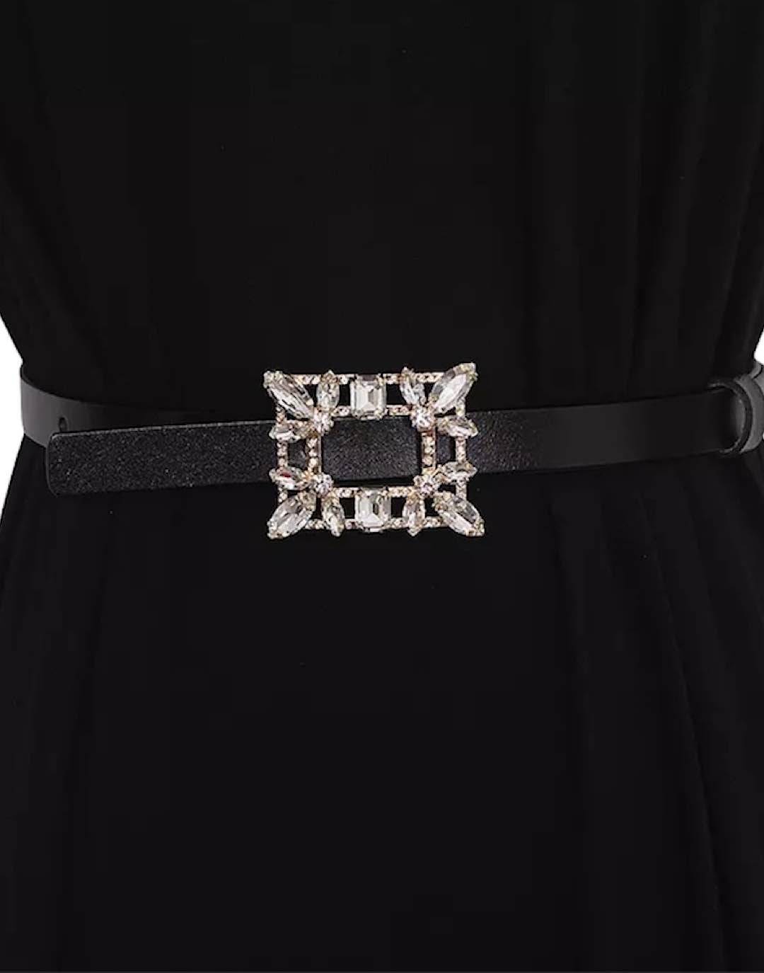 Bedazzled Buckle Thin Leather Belt