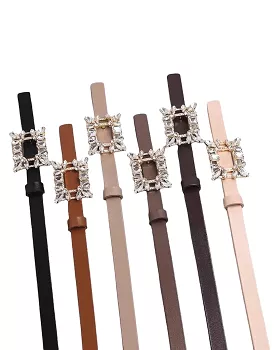 Bedazzled Buckle Thin Leather Belt