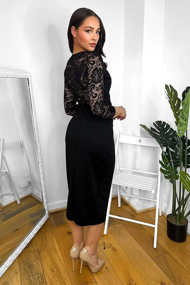 Black Lace V-Neck Bodycon Midi Dress