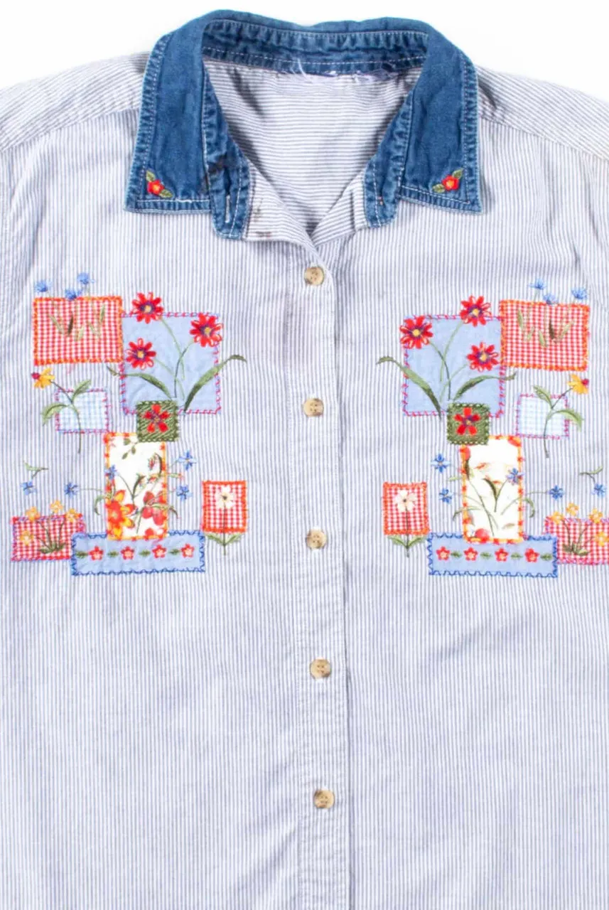 Blue Striped Garden Patches Button Up Shirt