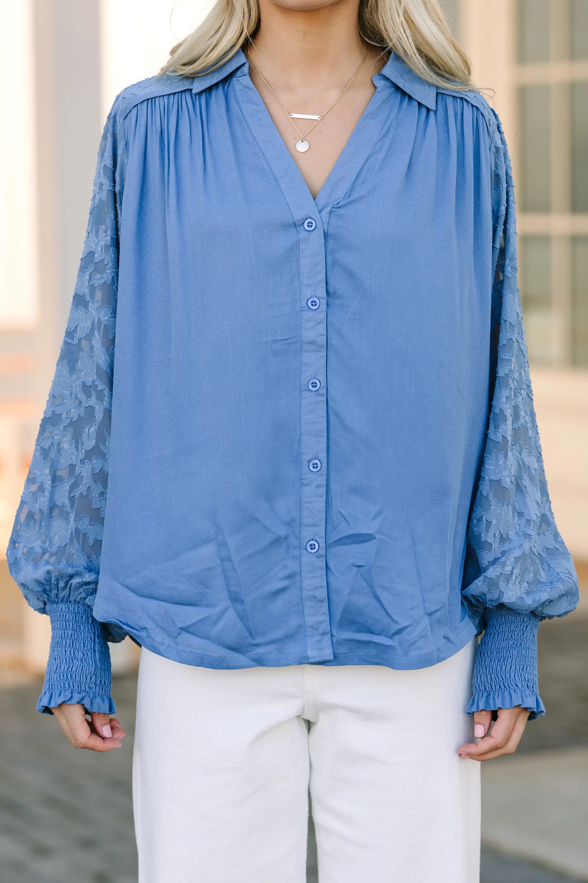 Certain Love Dusty Blue Lace Sleeve Blouse