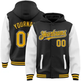 Custom Black Gold-White Bomber Full-Snap Varsity Letterman Two Tone Hoodie Jacket