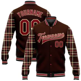 Custom Brown Crimson Vegas Gold Black-City Cream Classic Western Plaid 3D Pattern Design Bomber Full-Snap Varsity Letterman Jack