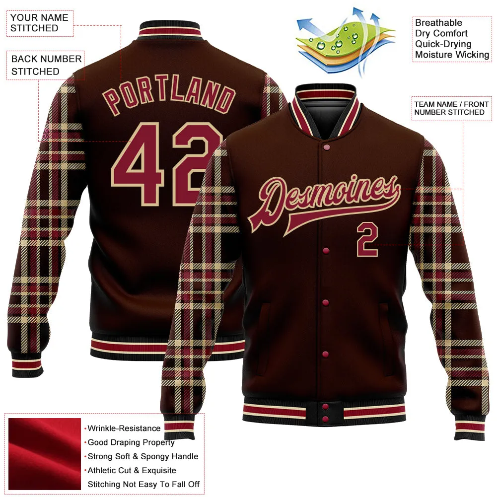 Custom Brown Crimson Vegas Gold Black-City Cream Classic Western Plaid 3D Pattern Design Bomber Full-Snap Varsity Letterman Jack