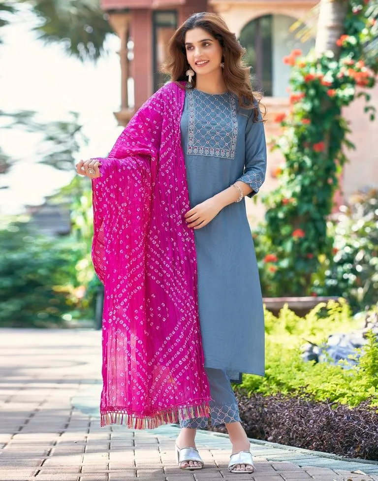 Dusty Blue Plain Chinnon Straight Kurta Set With Dupatta