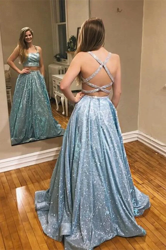 Dusty Blue/Lavender Glitter Long Cross Back Prom Dress