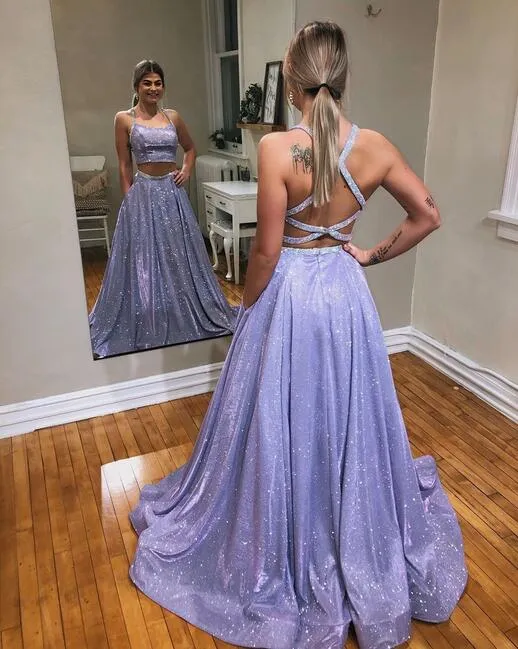 Dusty Blue/Lavender Glitter Long Cross Back Prom Dress