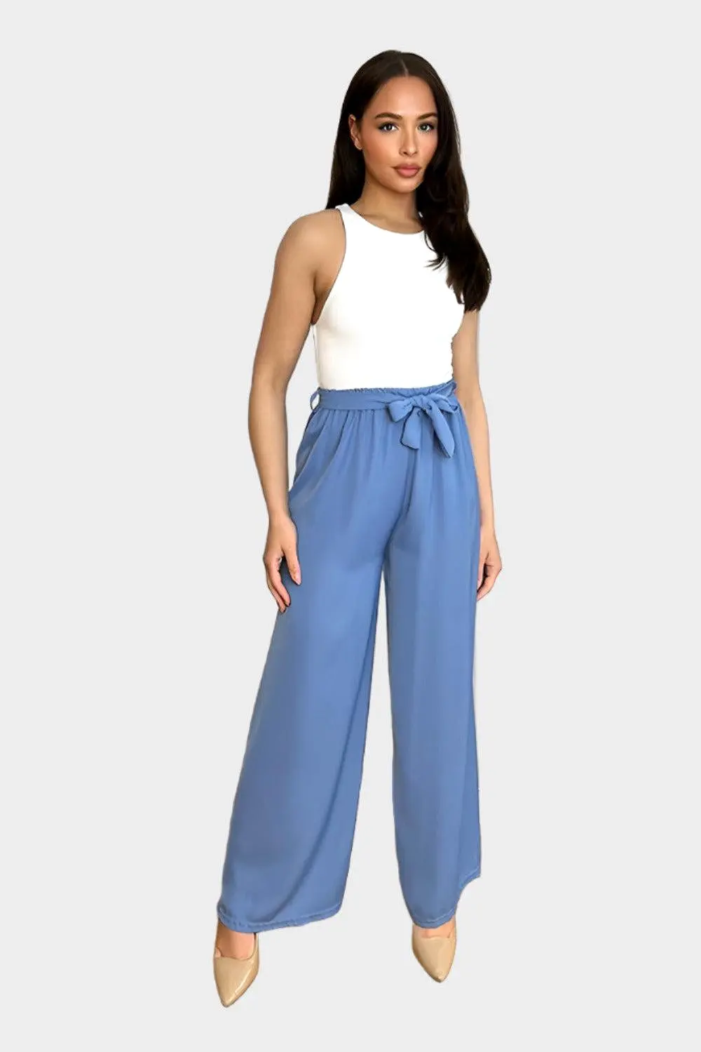 Elastic Waist Tie Wide Leg Trousers