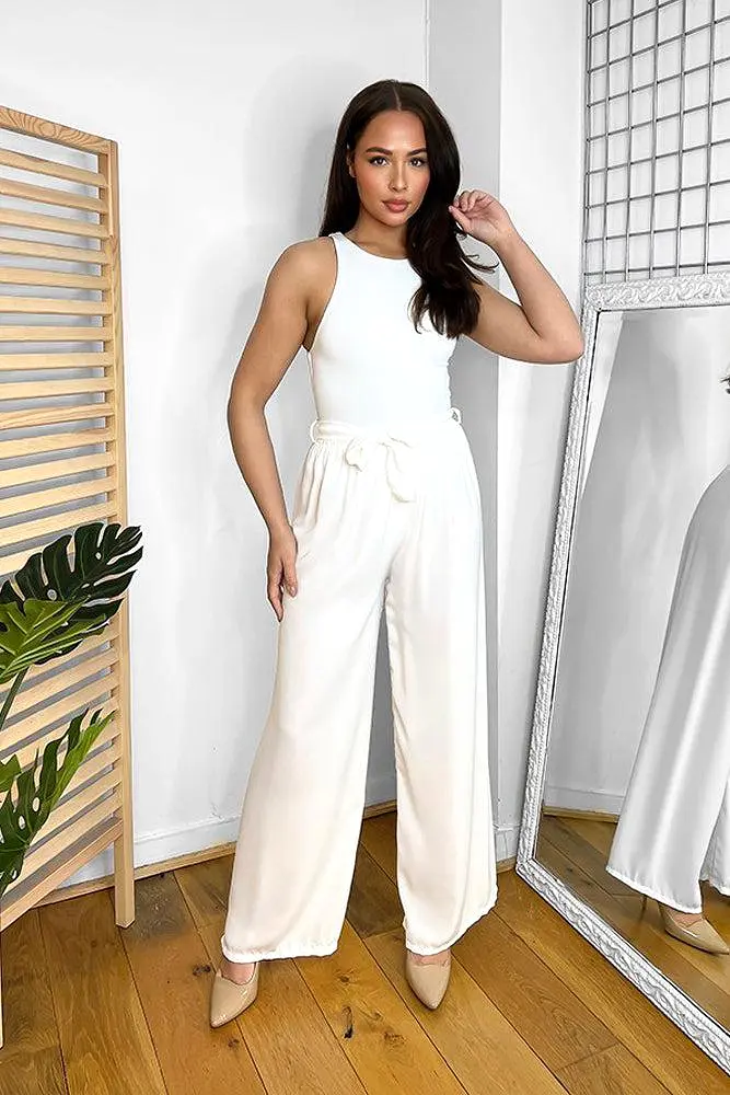 Elastic Waist Tie Wide Leg Trousers