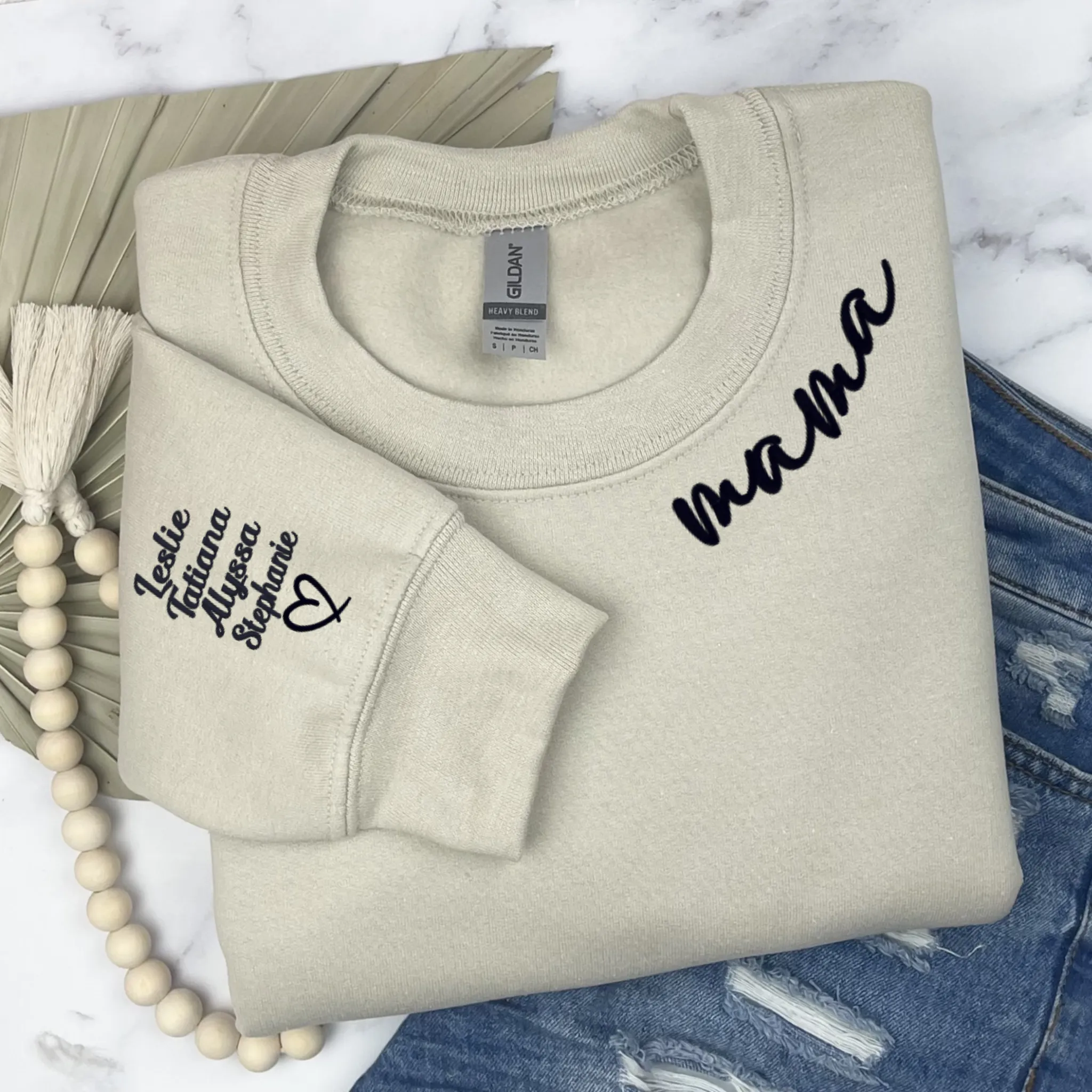 Embroidered Mama Sweatshirts, Mama around the collar of Crewneck Sweater with kids name on sleeve. Best Gifts for moms, Mothers 