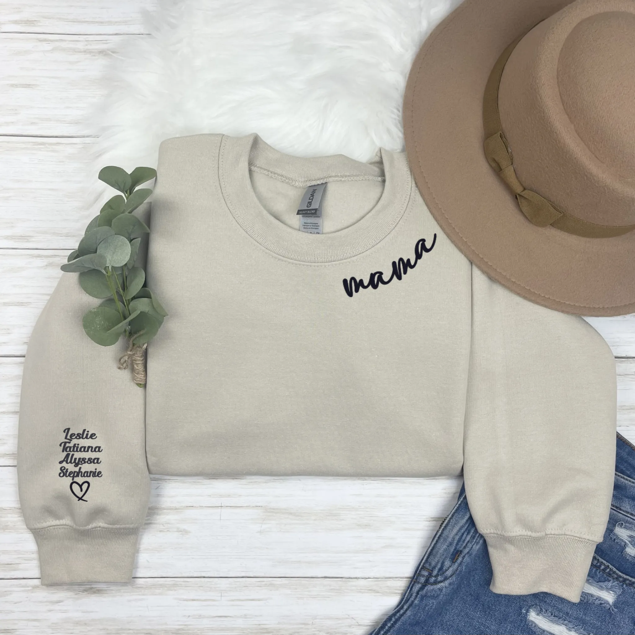 Embroidered Mama Sweatshirts, Mama around the collar of Crewneck Sweater with kids name on sleeve. Best Gifts for moms, Mothers 