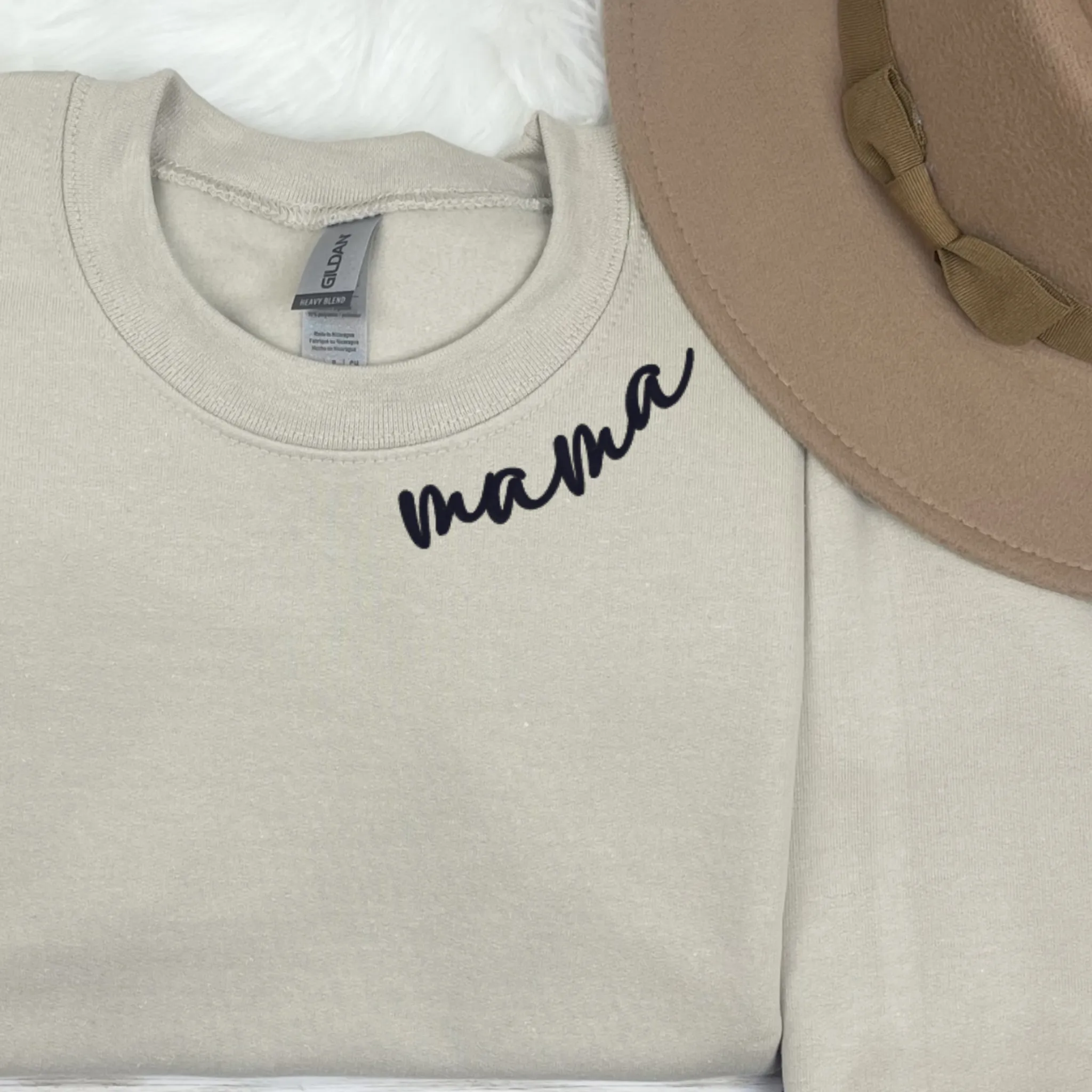 Embroidered Mama Sweatshirts, Mama around the collar of Crewneck Sweater with kids name on sleeve. Best Gifts for moms, Mothers 