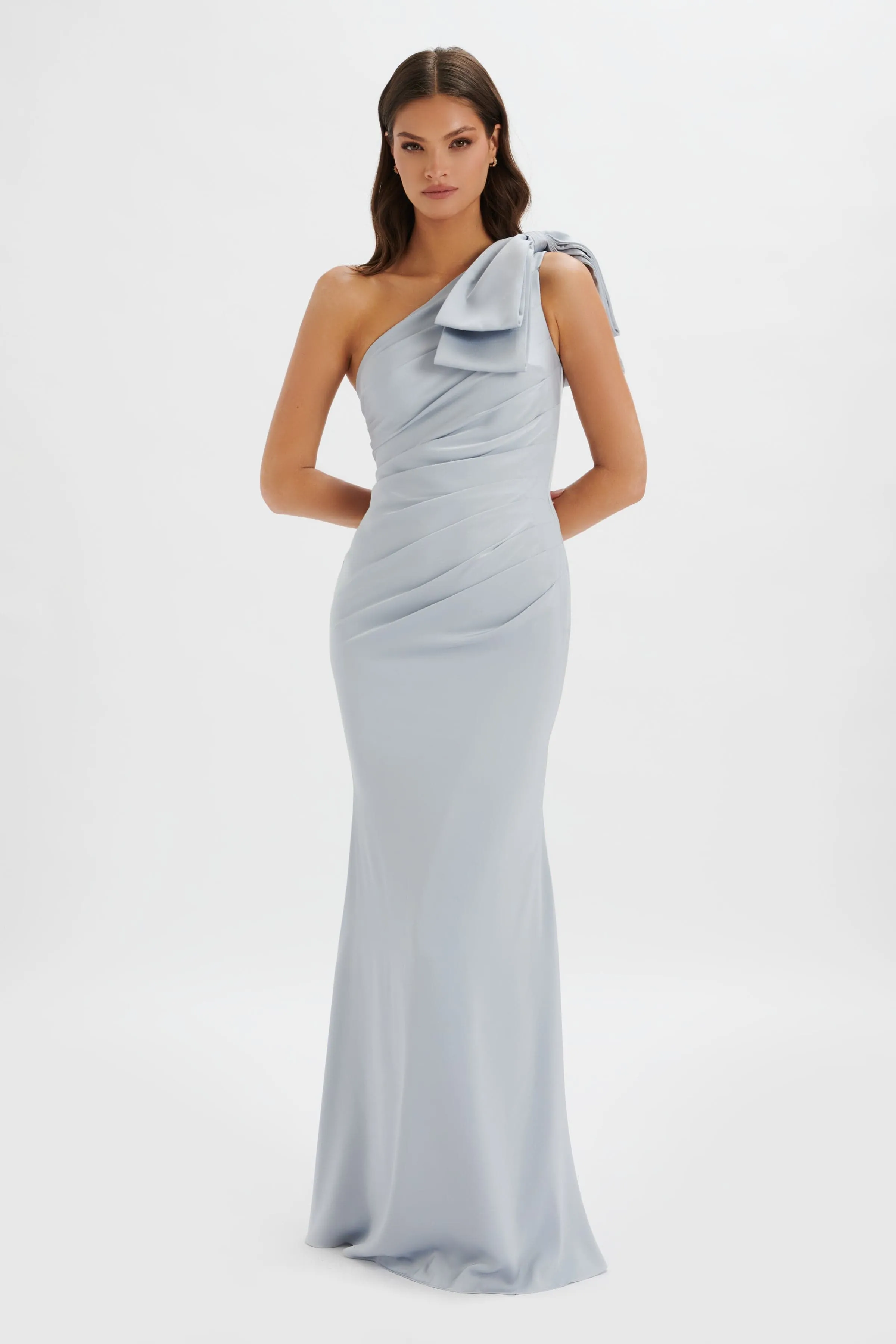 EMELIA One Shoulder Bow Pleated Maxi Dress in Dusty Blue