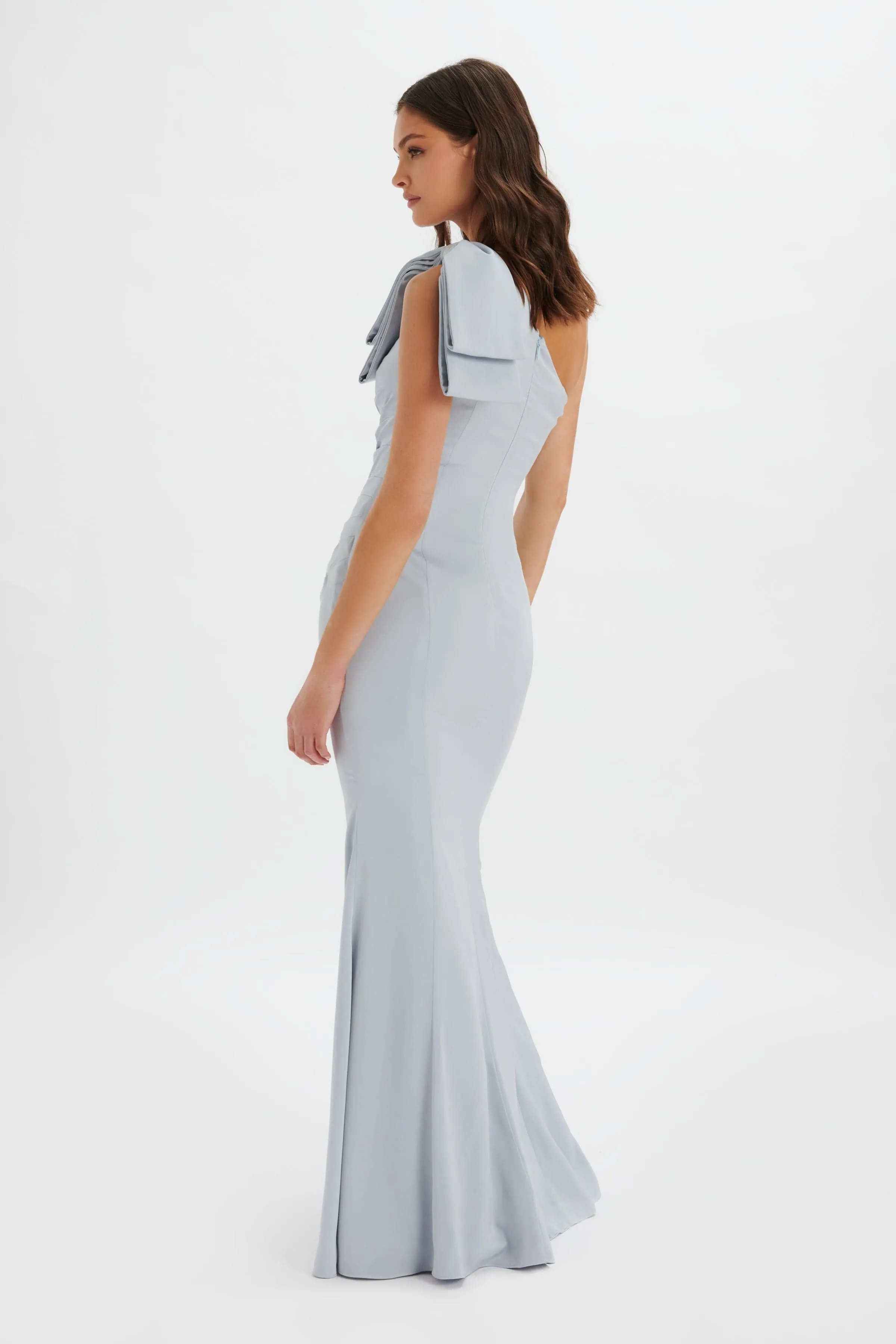 EMELIA One Shoulder Bow Pleated Maxi Dress in Dusty Blue