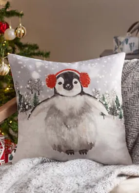 Evans Lichfield Snowy Penguin with Earmuffs 43x43cm Cushion | Kaleidoscope