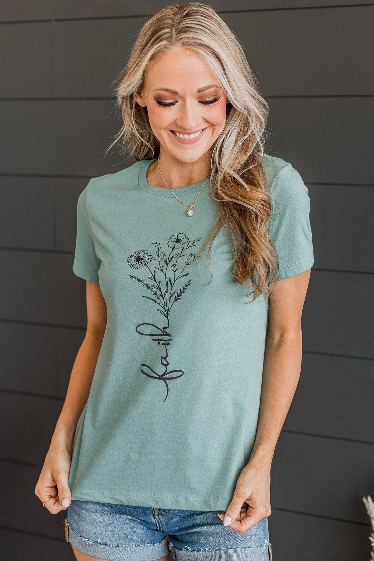 Faith Floral Graphic Tee- Dusty Blue