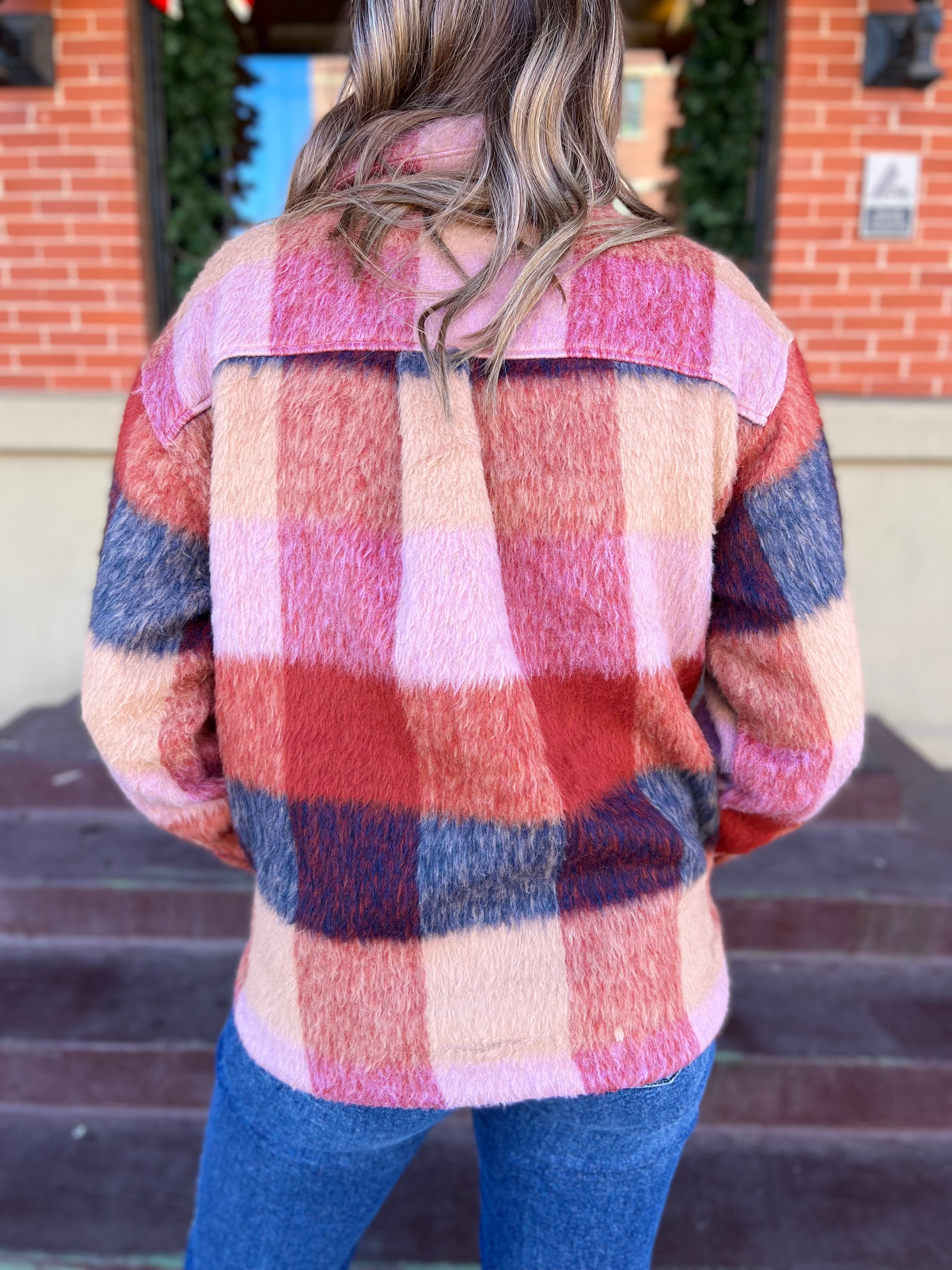 Felted Gingham Button-Up Shacket- Brick