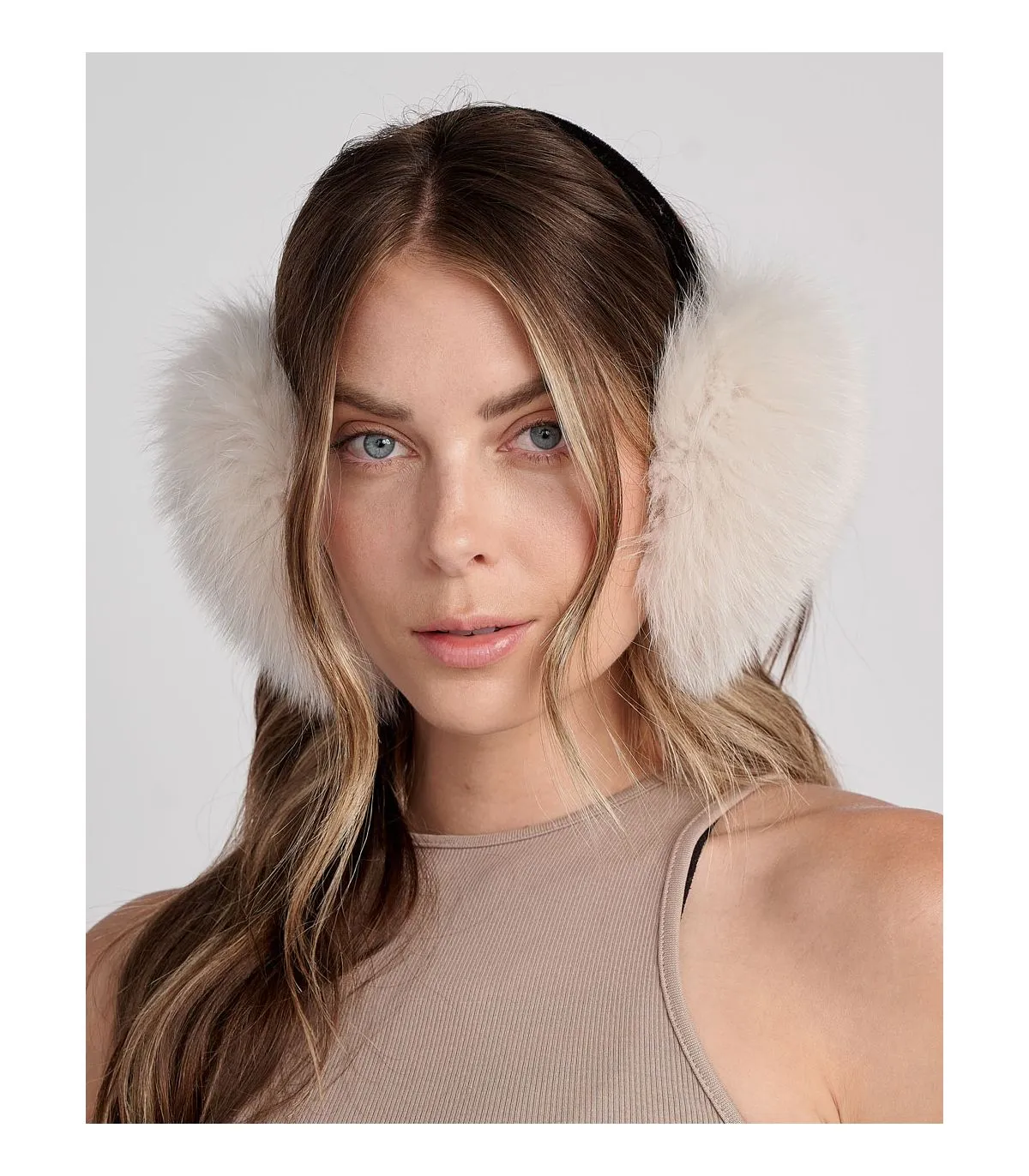 Fox Fur Earmuffs in Bone | FurSource.com