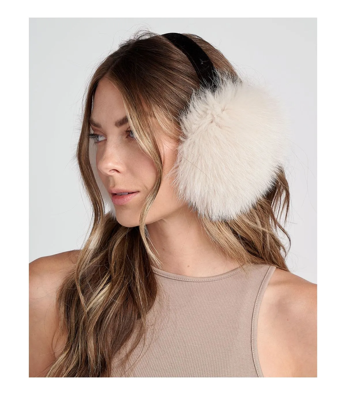 Fox Fur Earmuffs in Bone | FurSource.com