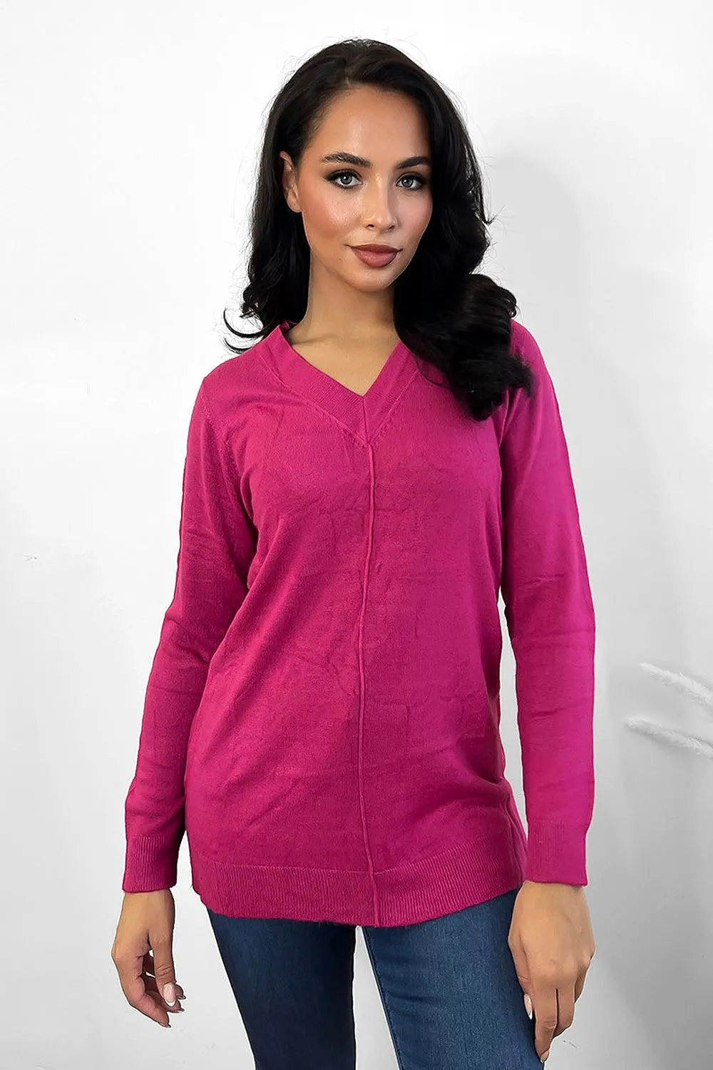 Front Seam V-Neck Soft Knit Pullover