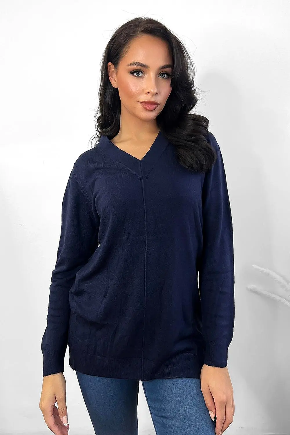 Front Seam V-Neck Soft Knit Pullover