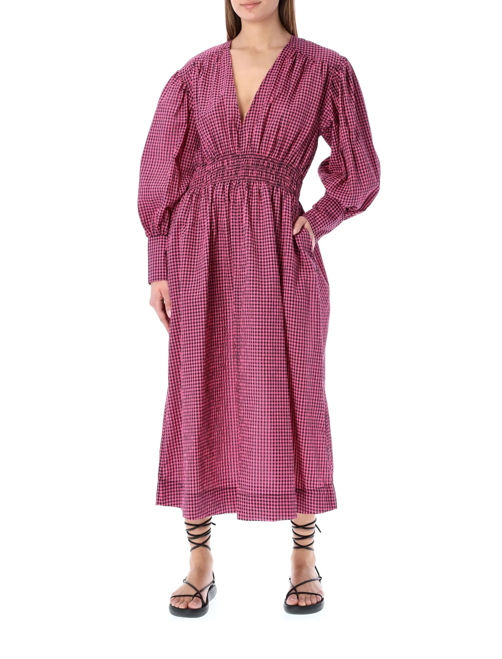 Ganni Seersucker Checked V-Neck Midi Dress