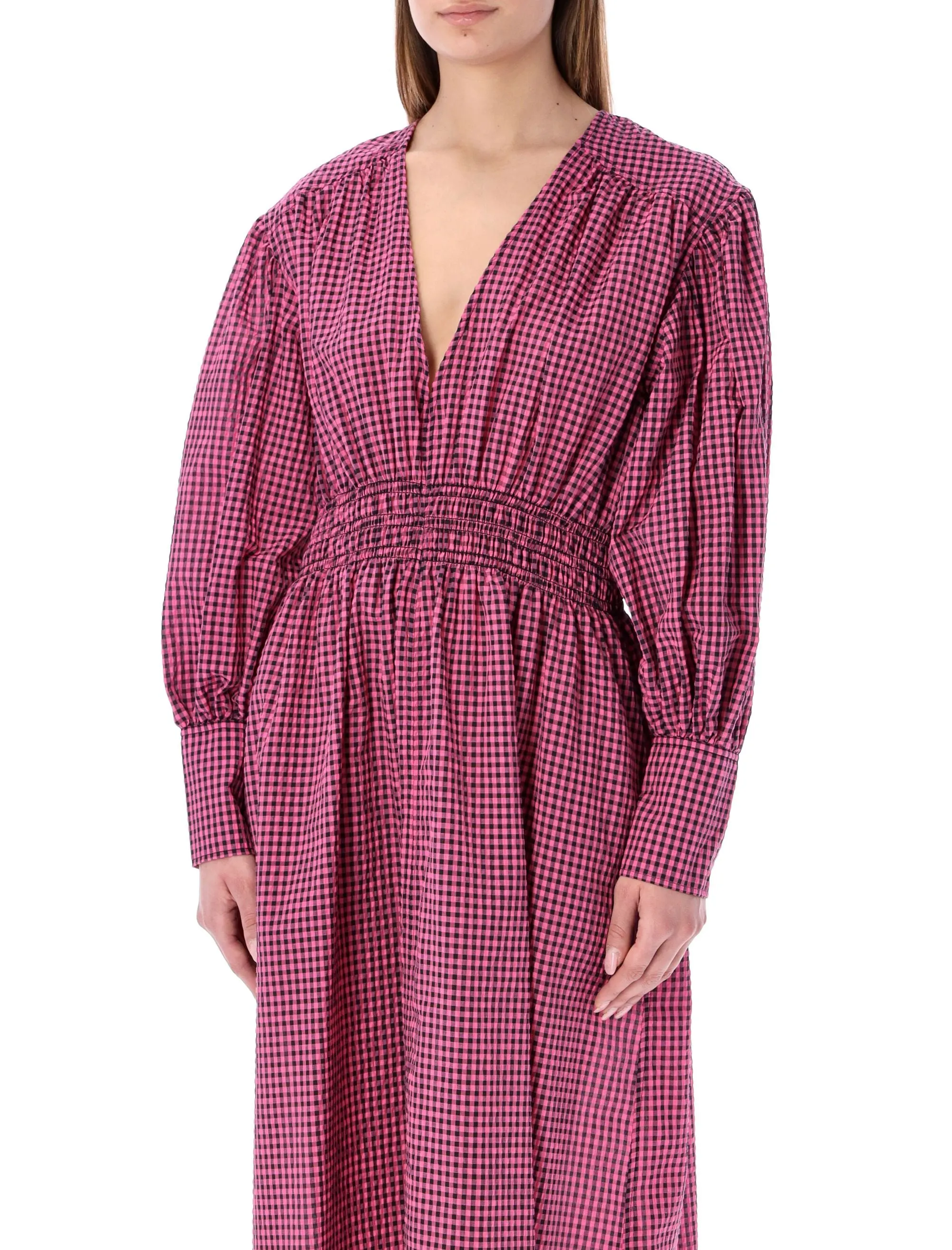 Ganni Seersucker Checked V-Neck Midi Dress