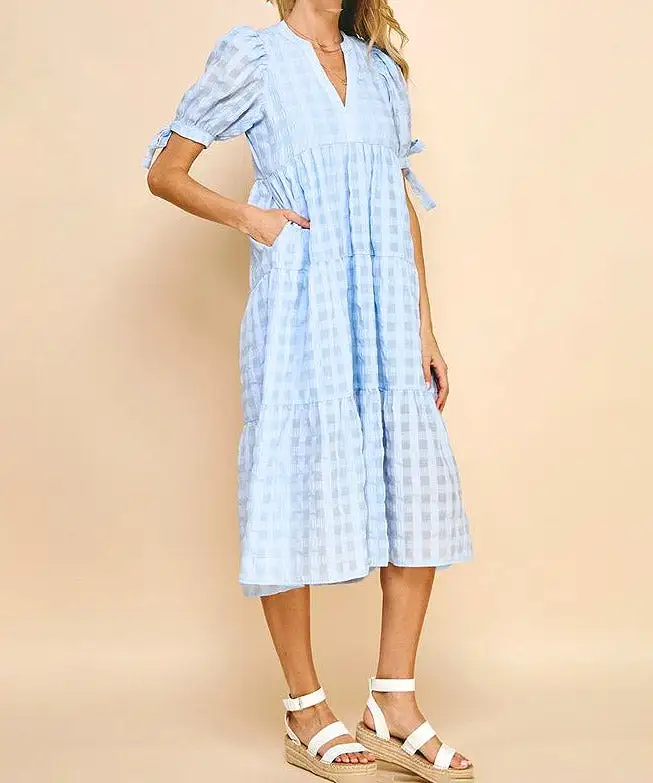 Gingham Print Tunic Dress - Light Blue