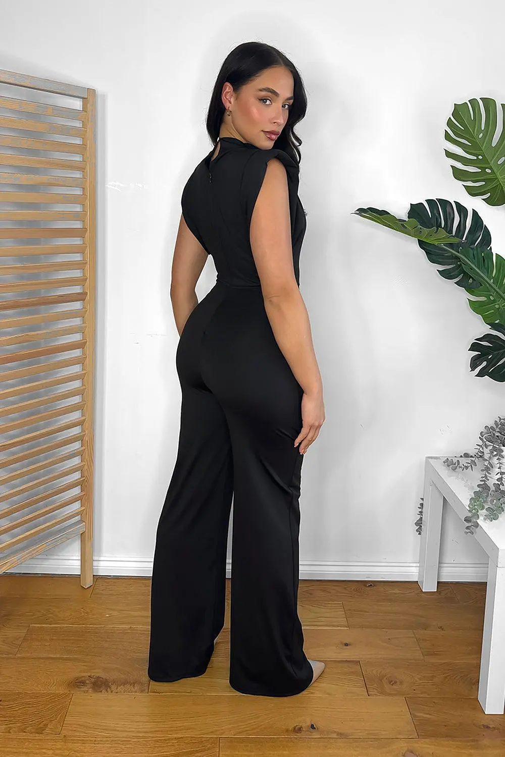 High Neck Short Sleeve Drapped Jumpsuit