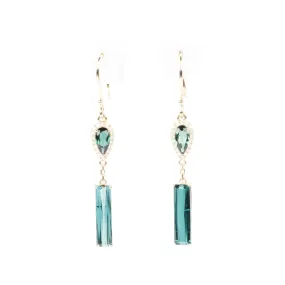 Indicolite Lagoon Tourmaline Long Earrings 14K Gold R3217