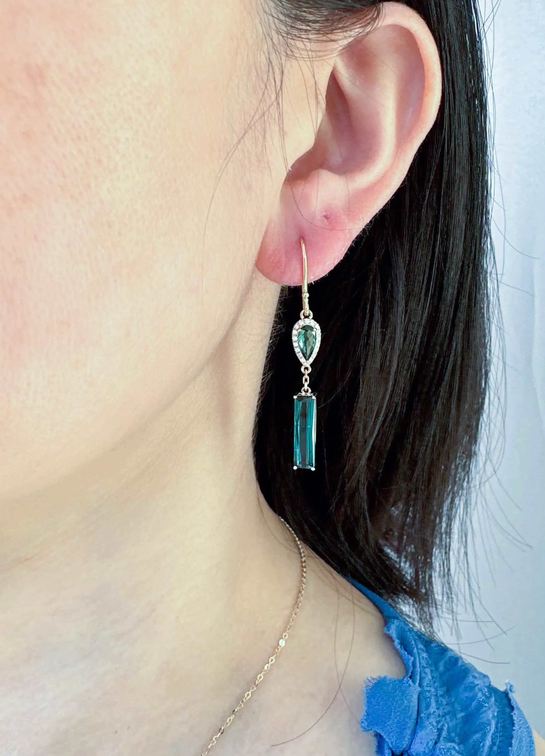 Indicolite Lagoon Tourmaline Long Earrings 14K Gold R3217