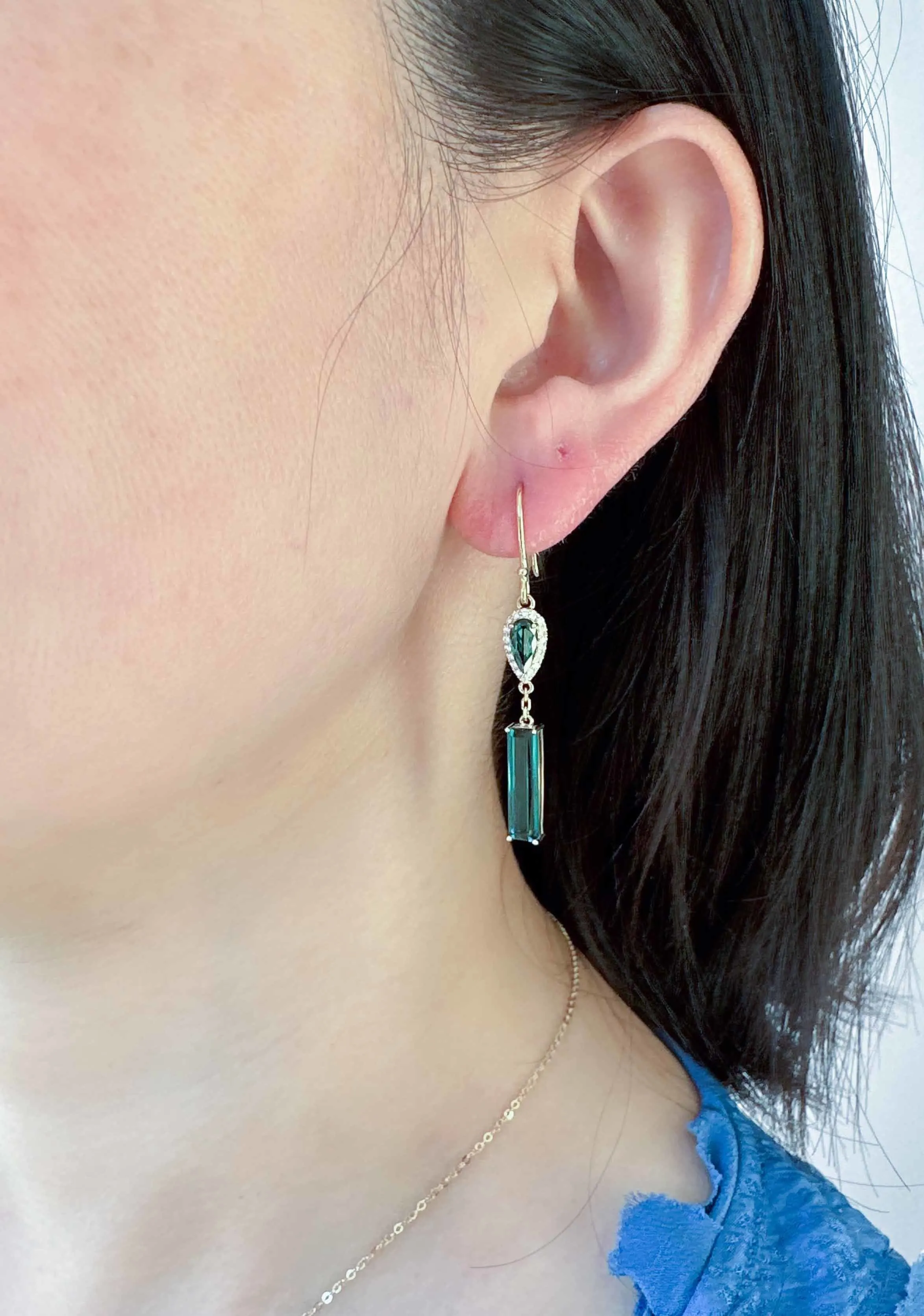 Indicolite Lagoon Tourmaline Long Earrings 14K Gold R3217