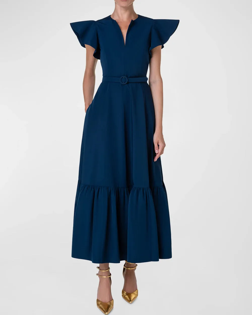 Ink Taffeta V Neck Midi Dress