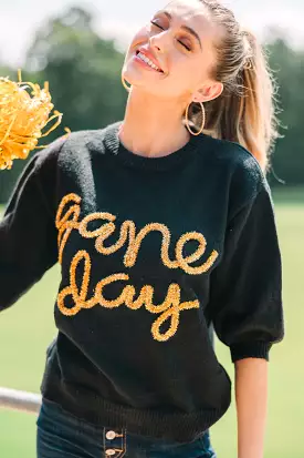 It's Game Day Black/Gold Puff Sleeve Sweater