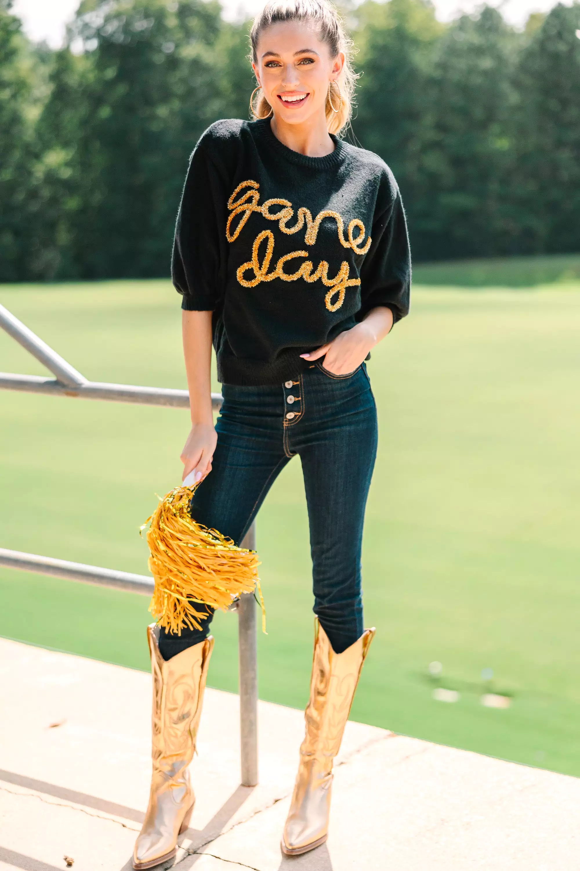 It's Game Day Black/Gold Puff Sleeve Sweater