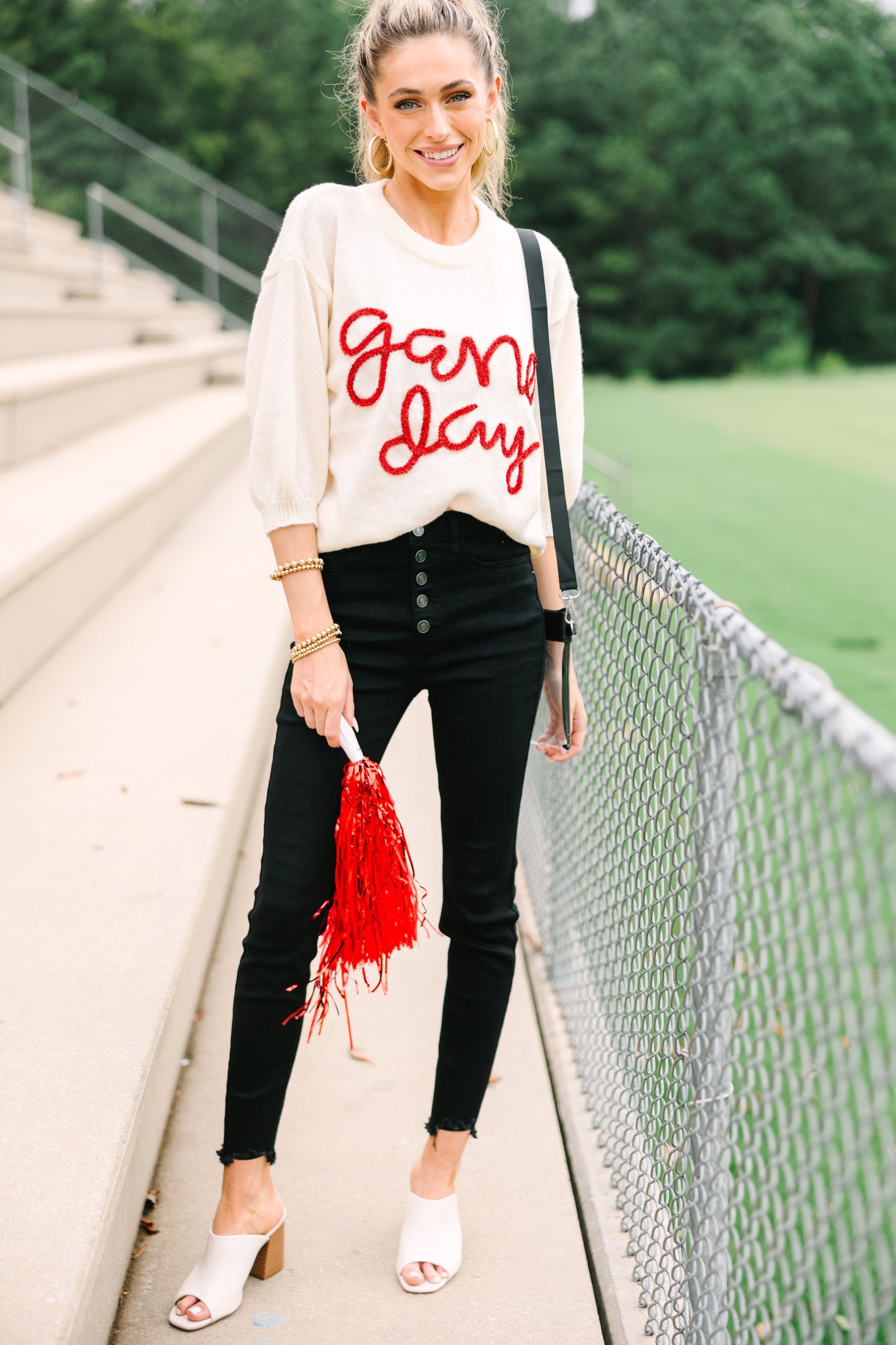 It's Game Day Ivory/Red Puff Sleeve Sweater