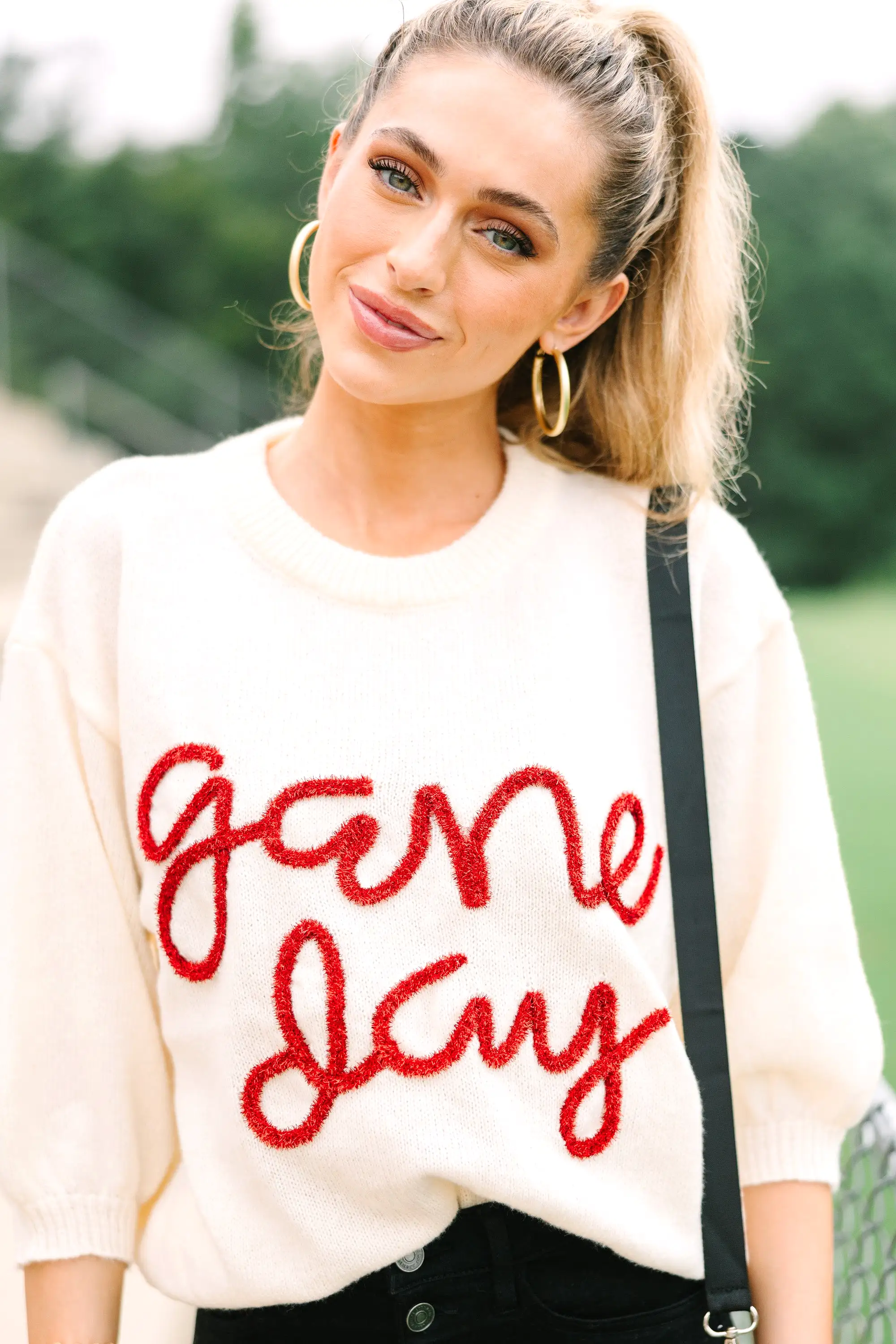 It's Game Day Ivory/Red Puff Sleeve Sweater