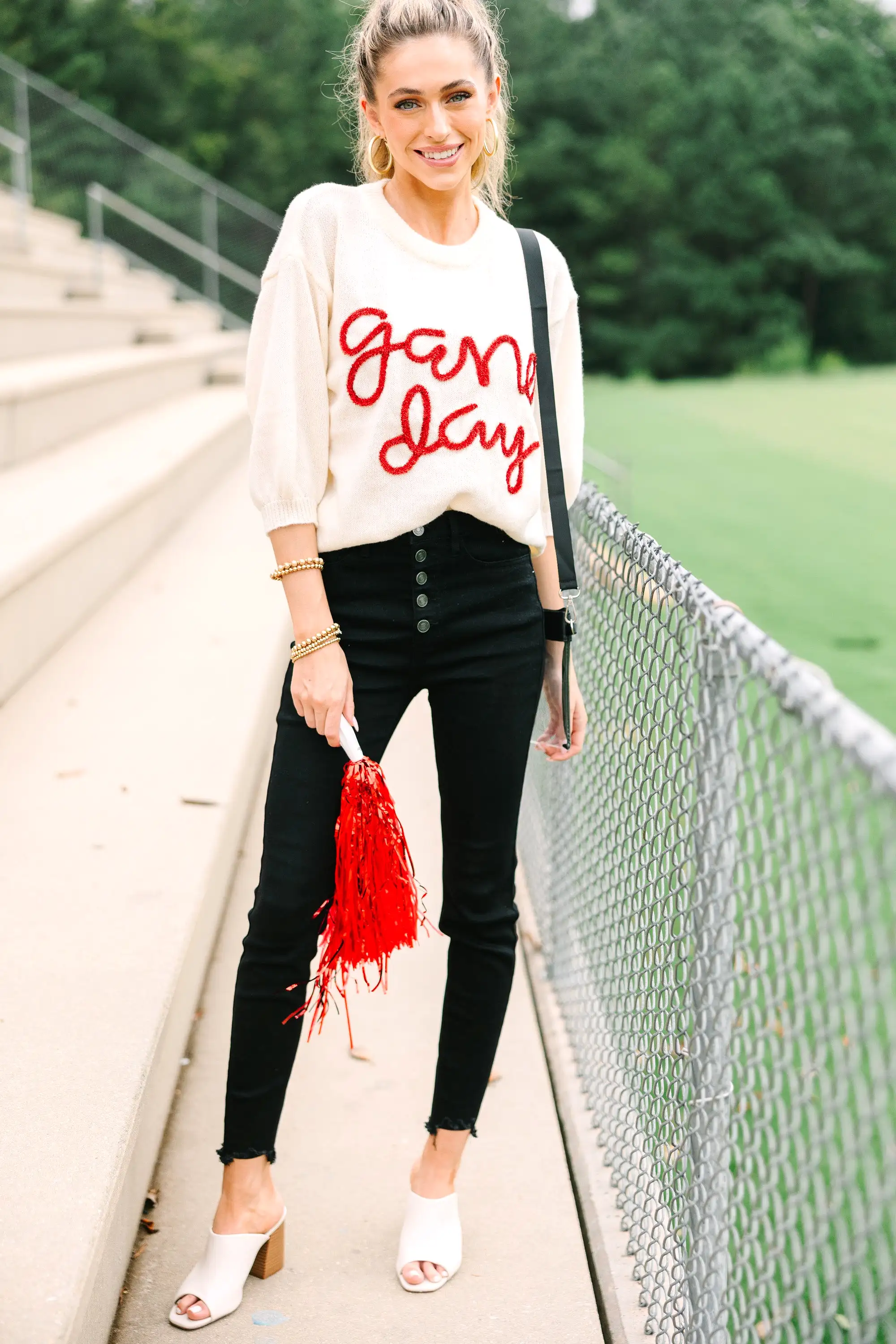 It's Game Day Ivory/Red Puff Sleeve Sweater