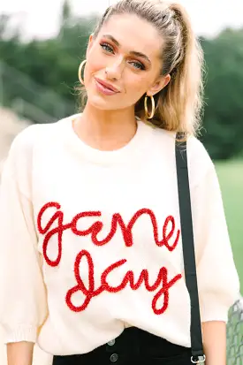 It's Game Day Ivory/Red Puff Sleeve Sweater