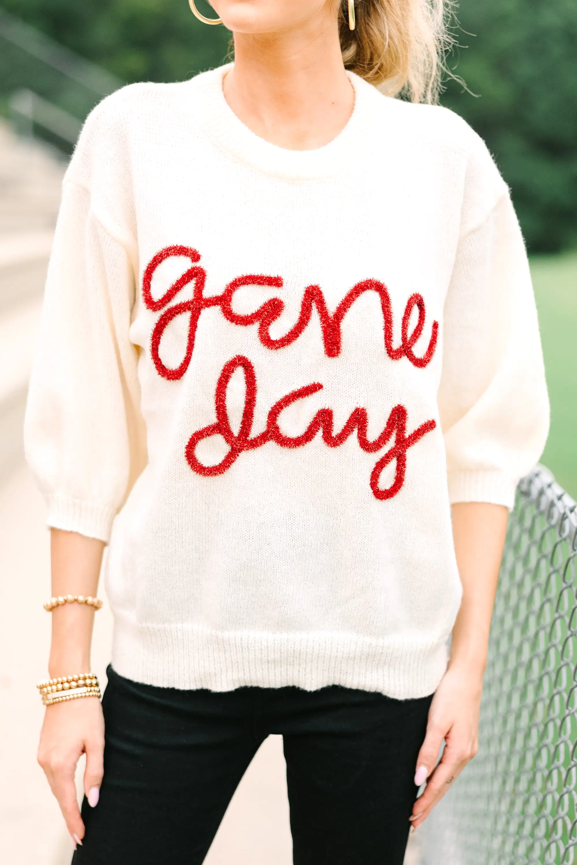 It's Game Day Ivory/Red Puff Sleeve Sweater