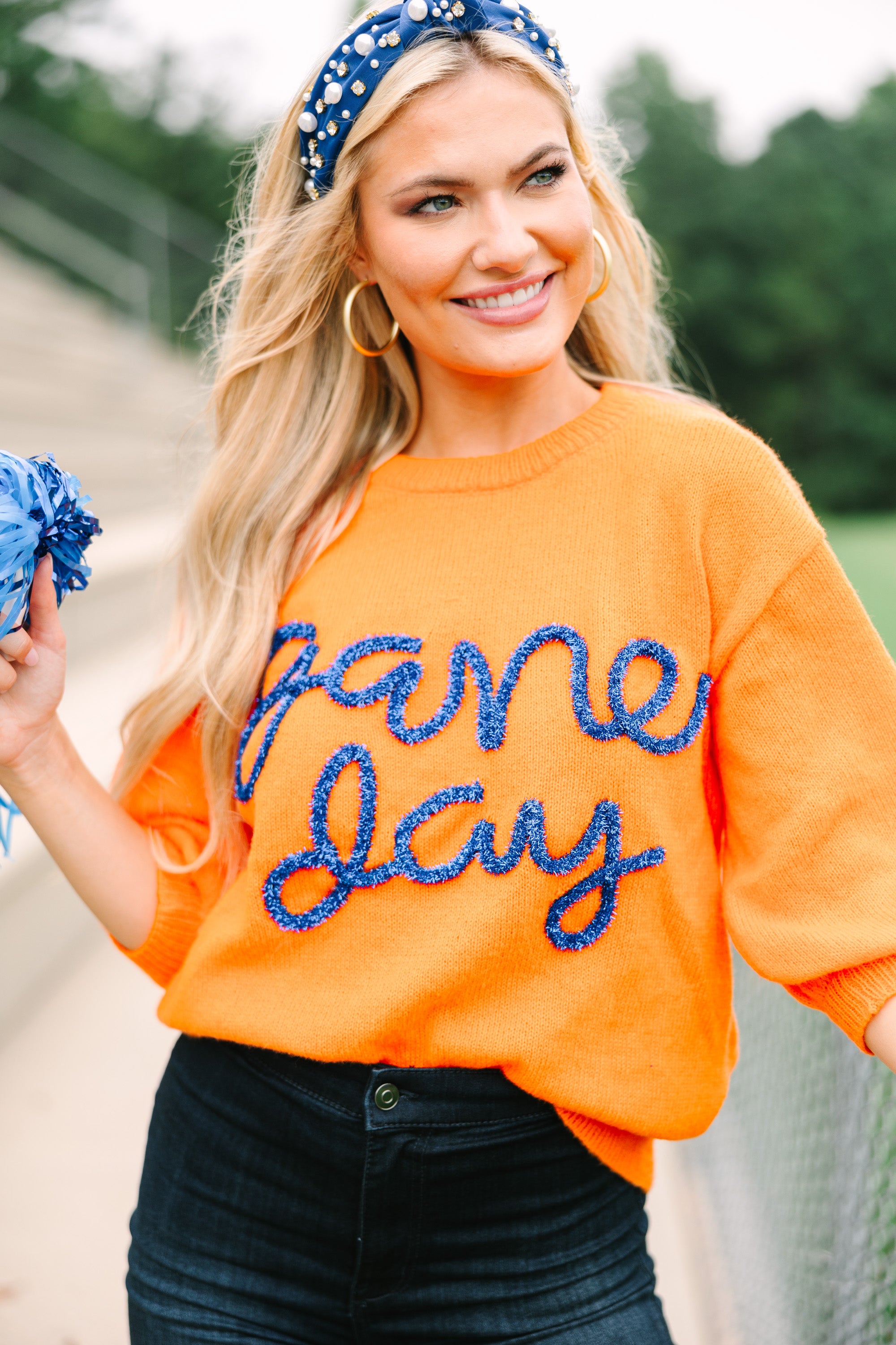 It's Game Day Orange/Navy Puff Sleeve Sweater